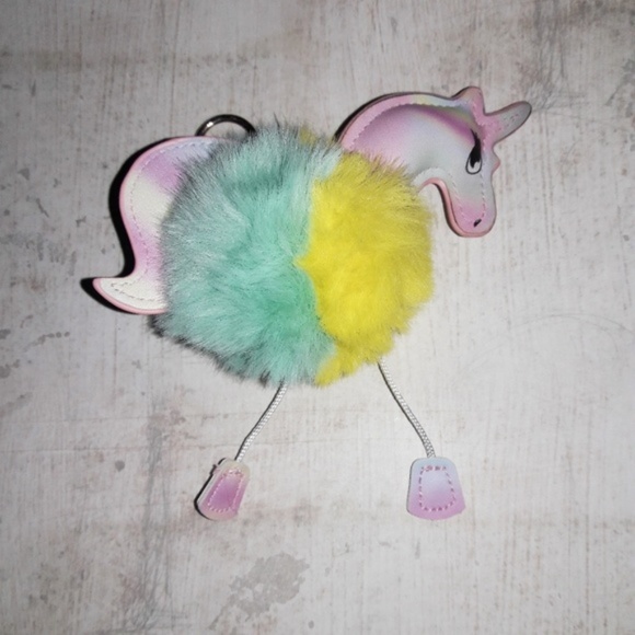 Dangling Unicorn Fluffy Puff Key Chain Bag Charm - Picture 3 of 4